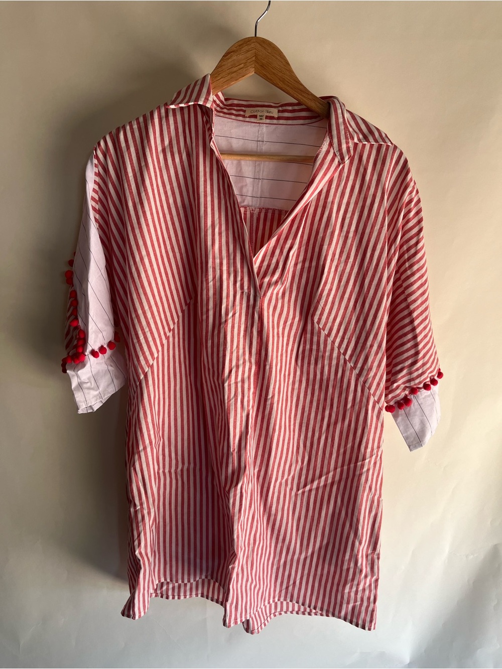 Cotton Bleu Shirt Striped Popover Red White Collared Sz Med Pom Poms